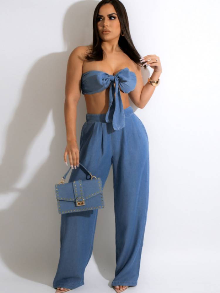 Two Piece Tube Top & Wide Leg Pants Tiynon