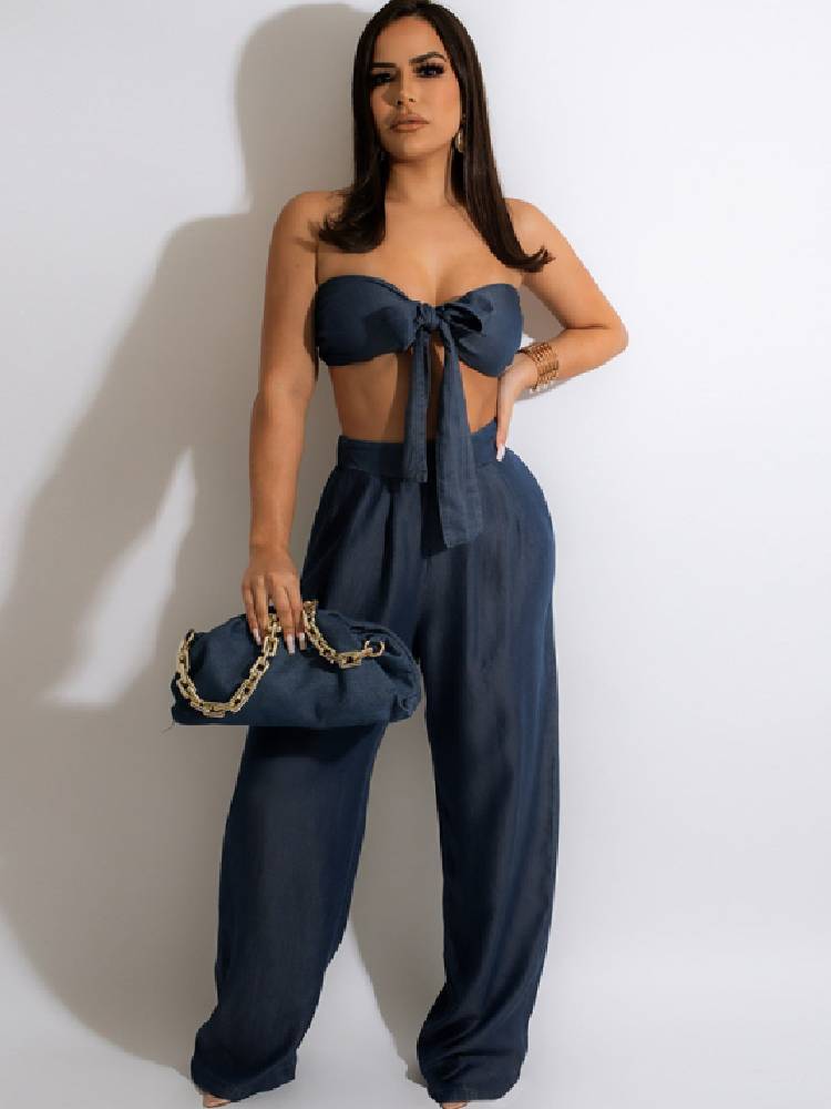 Two Piece Tube Top & Wide Leg Pants Tiynon