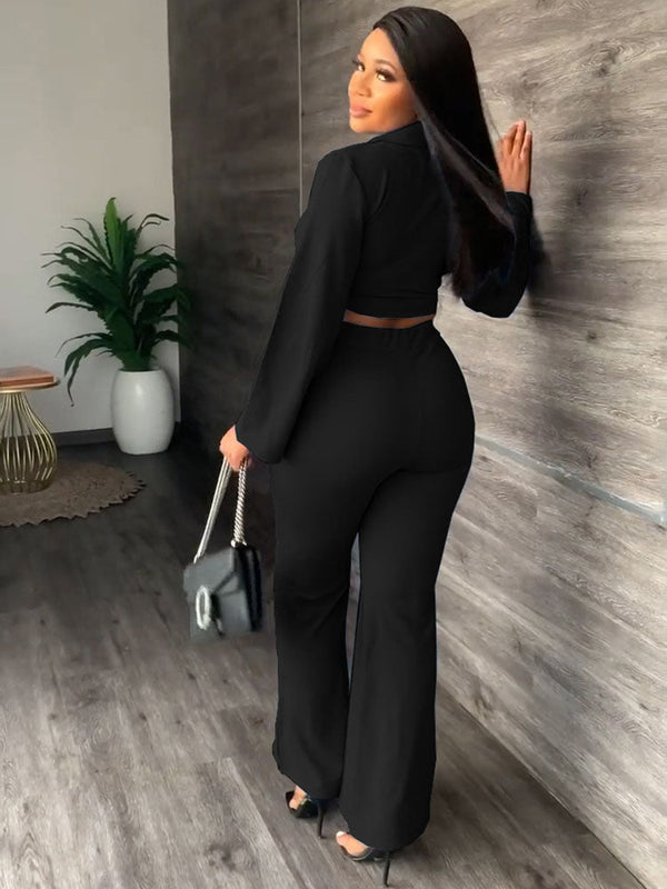 Two Piece V Neck Long Sleeve Pant Suits Tiynon