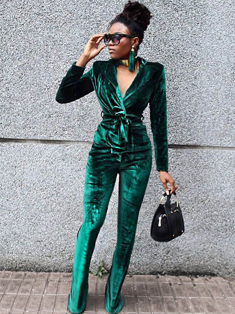 Two Piece Velvet V Neck Long Sleeve Jacket & Pants Tiynon