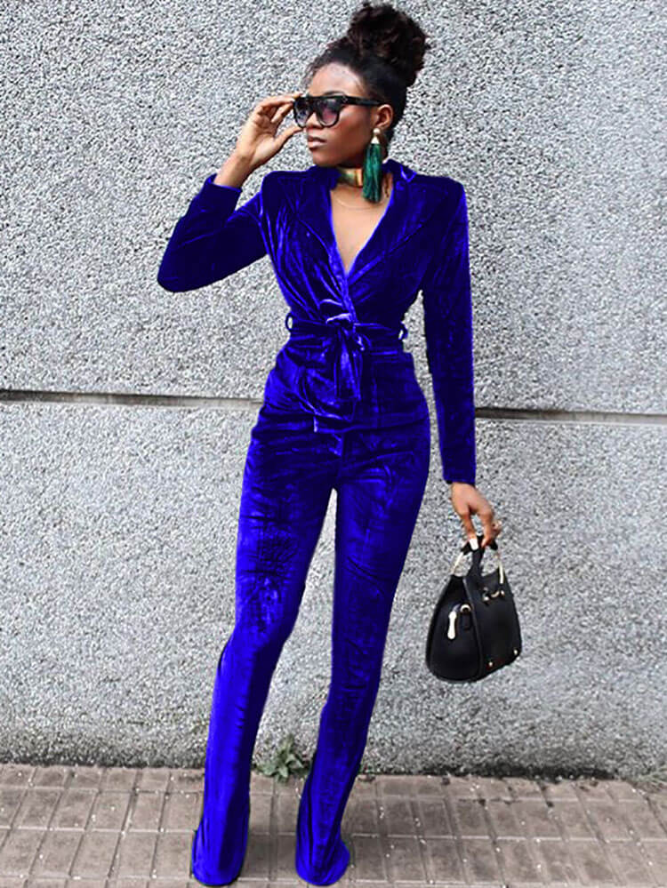 Two Piece Velvet V Neck Long Sleeve Jacket & Pants Tiynon