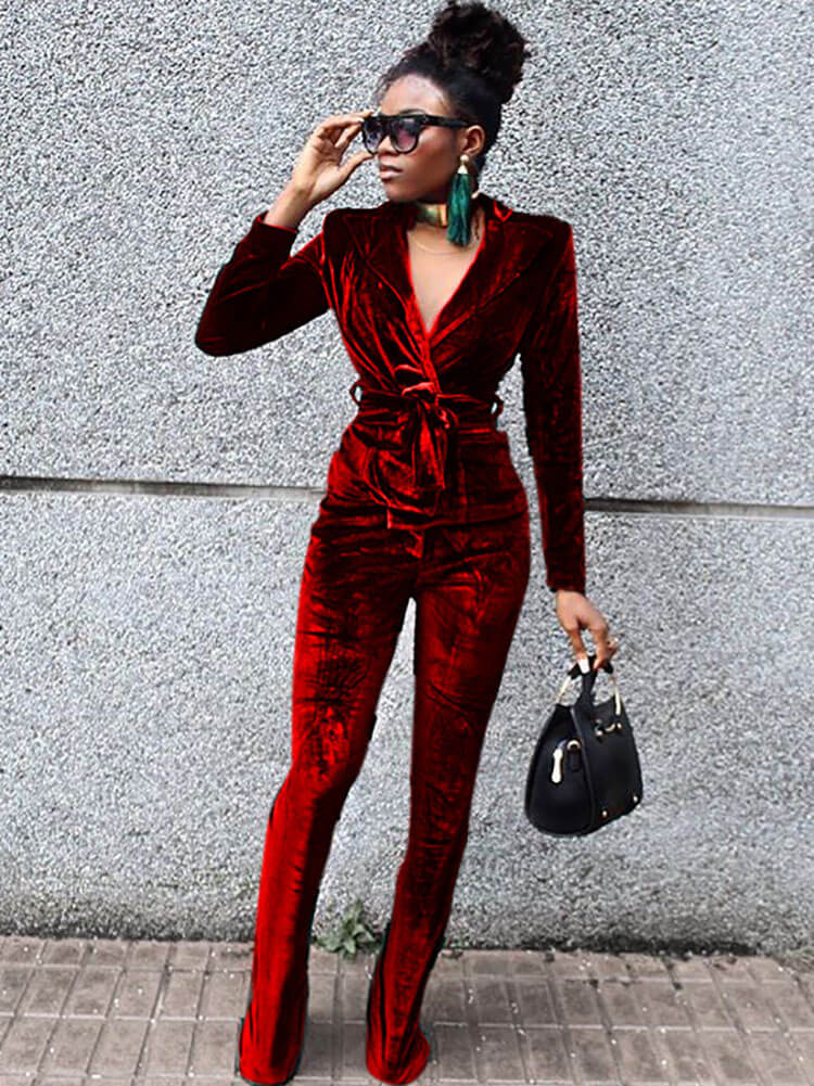 Two Piece Velvet V Neck Long Sleeve Jacket & Pants Tiynon