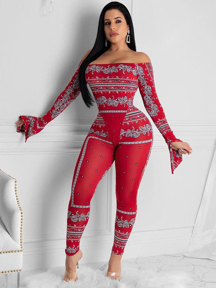 Two Pieces Printed Off Shoulder Jumpsuit + Bodycon Pants Tiynon