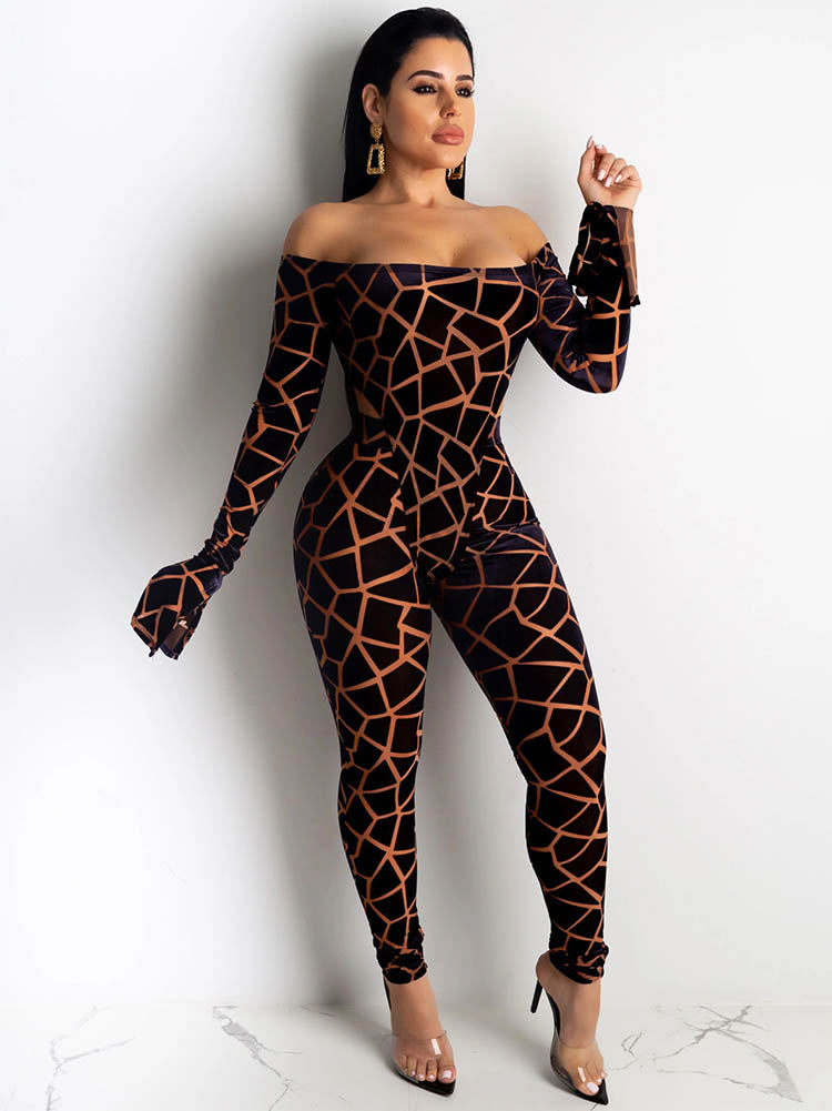 Two Pieces Printed Off Shoulder Jumpsuit + Bodycon Pants Tiynon