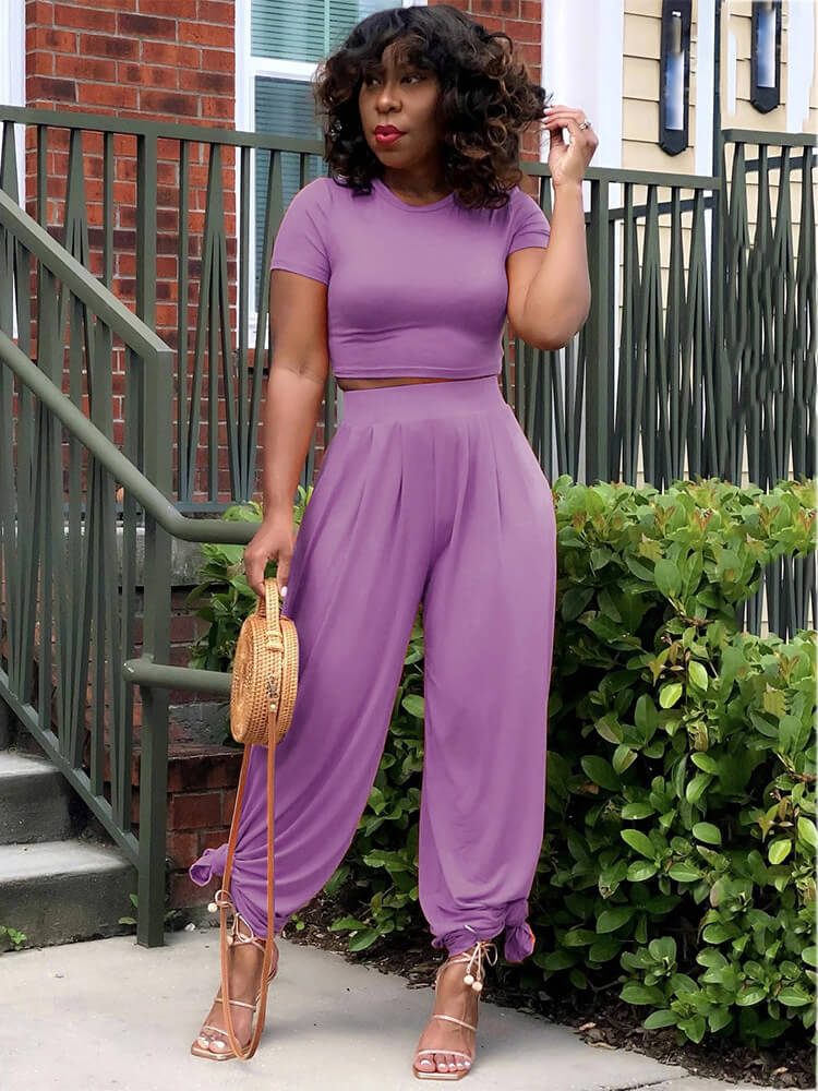 Two Pieces Solid Color Crop Top + Wide Leg Pants Tiynon