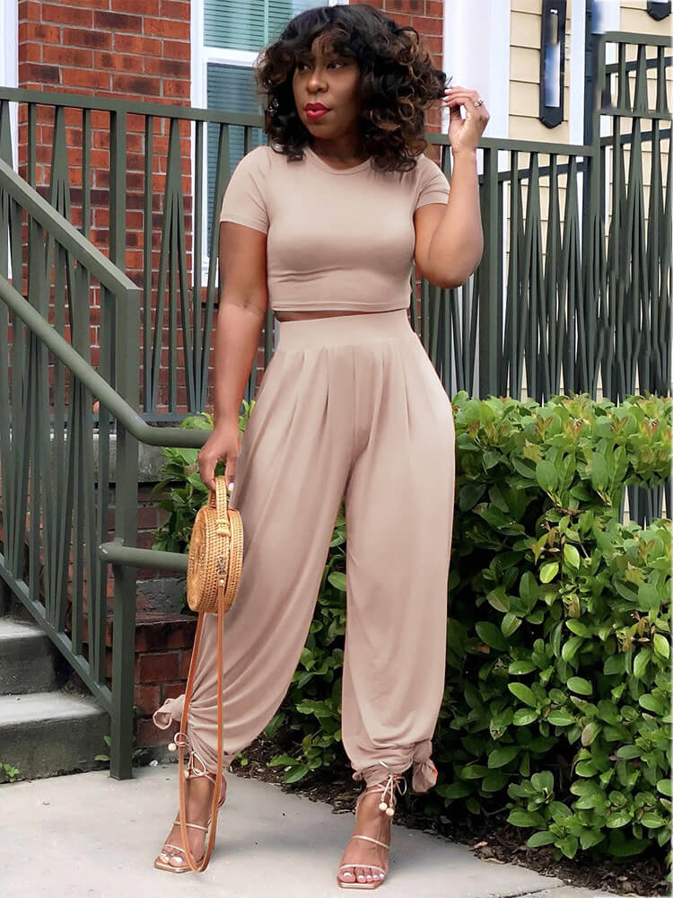 Two Pieces Solid Color Crop Top + Wide Leg Pants Tiynon