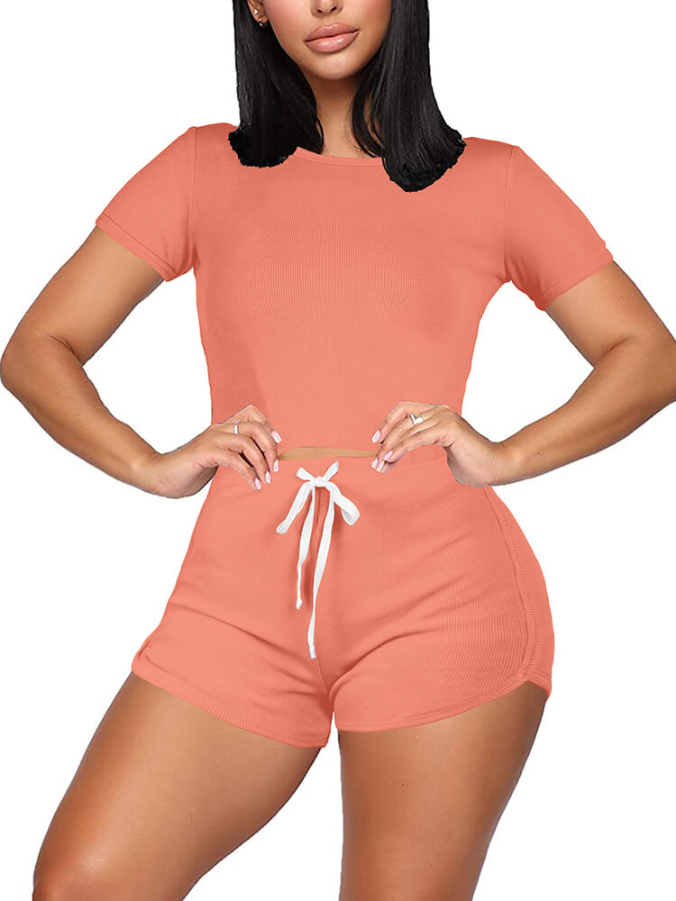 Two Pieces Solid Color Short Sleeve Crop Tops+Booty Shorts Tiynon