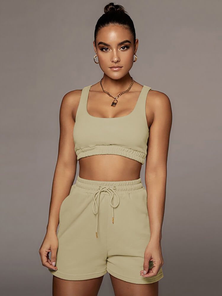 Two Pieces Solid Color Tank Top + Drawstring Shorts Sets Tiynon