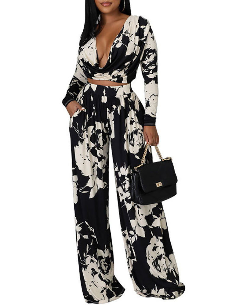 Two Pieve Floral Print Crop Top Wide Leg Pants Tiynon