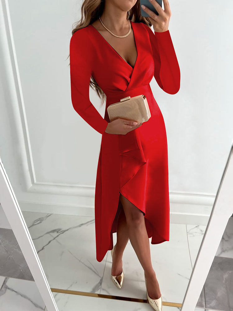 V Neck Asymmetrical Hem Midi Dresses Tiynon