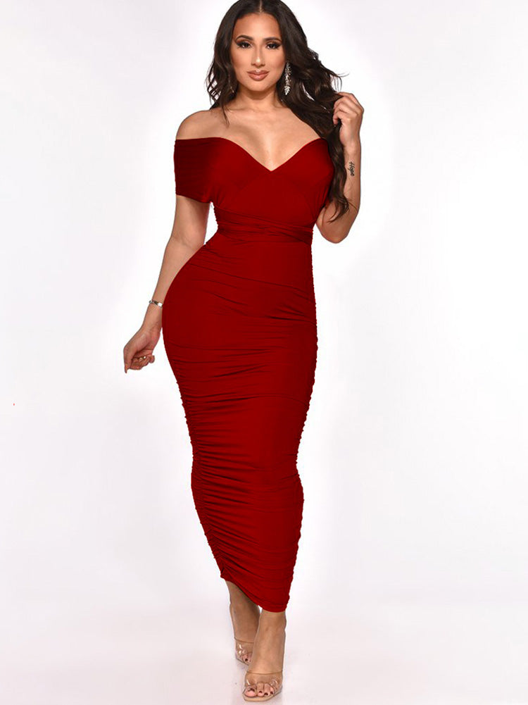 V Neck Backless Ruched Maxi Dresses Tiynon