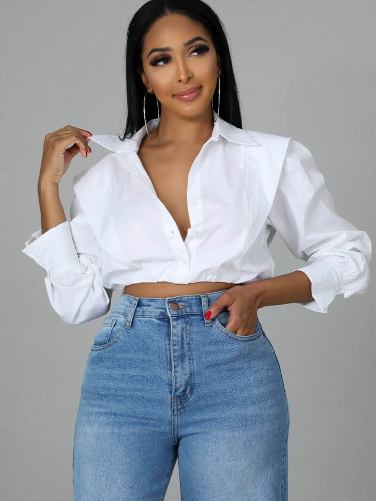 V Neck Button Front Crop Top Shirt Tiynon