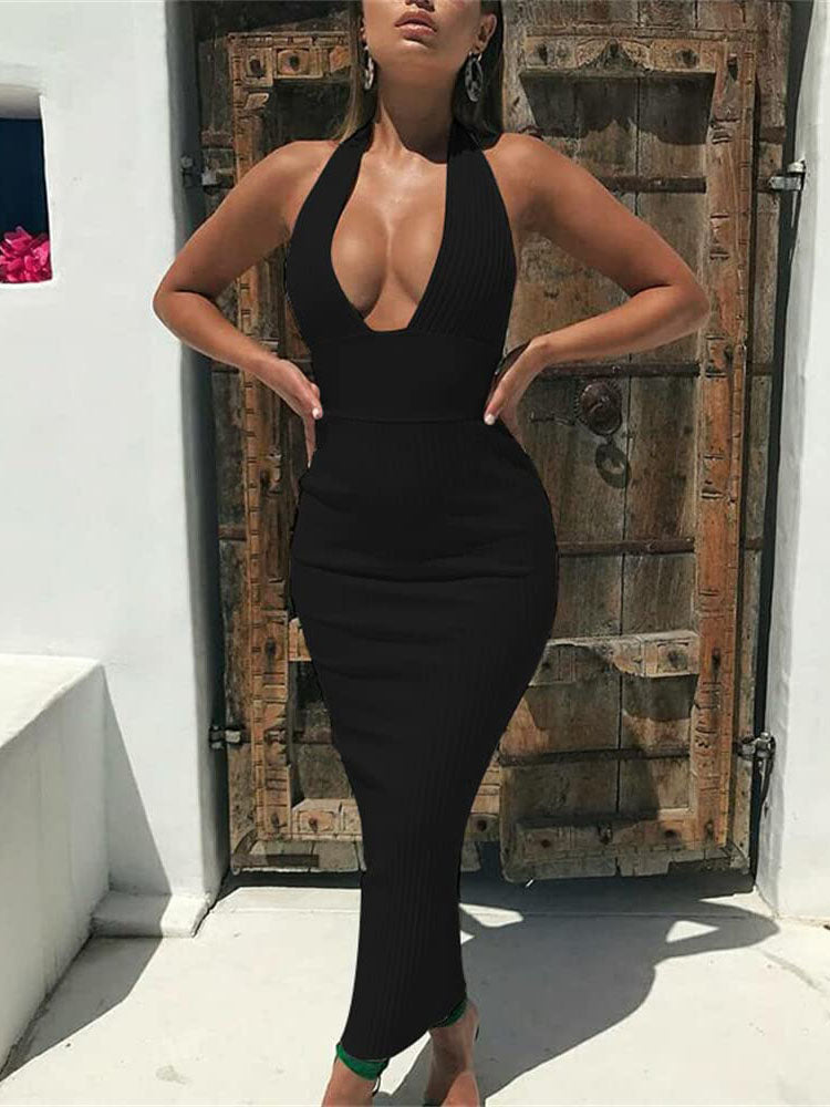 V Neck Halter Backless Ribbed Knit Bodycon Midi Dresses Tiynon