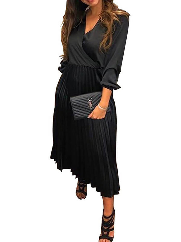 V Neck Long Sleeve Pleated Midi Dresses Tiynon