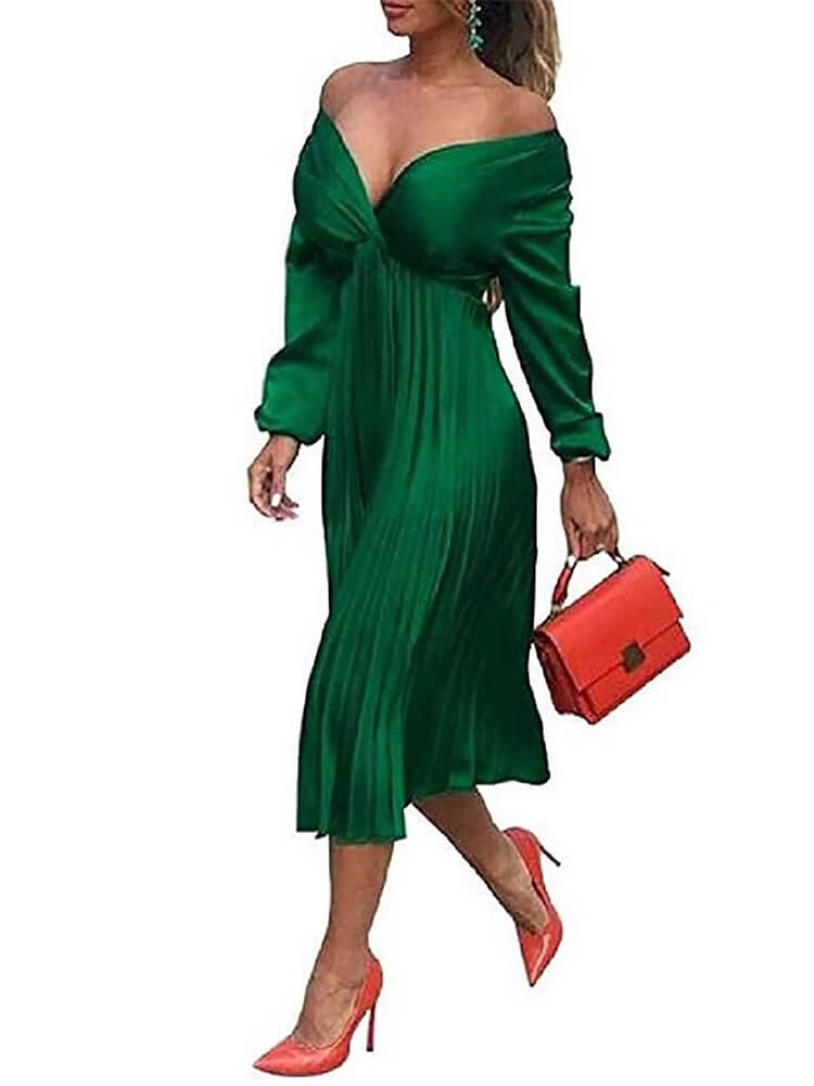 V Neck Long Sleeve Pleated Midi Dresses Tiynon