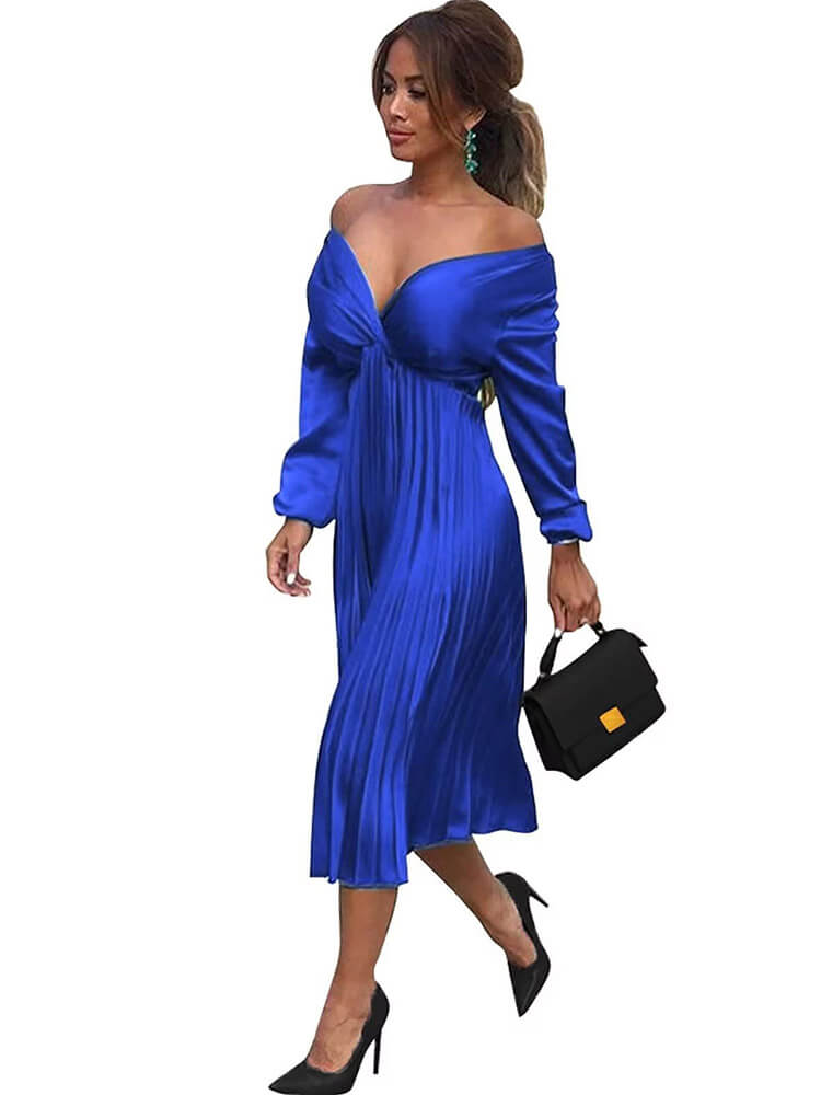 V Neck Long Sleeve Pleated Midi Dresses Tiynon