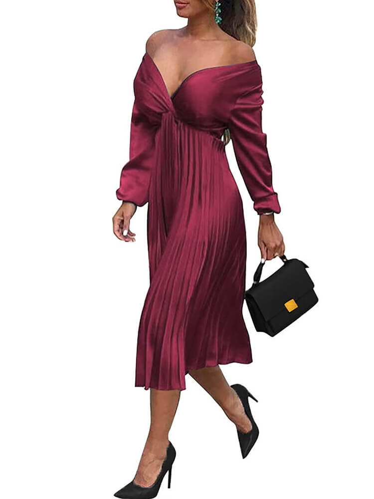 V Neck Long Sleeve Pleated Midi Dresses Tiynon