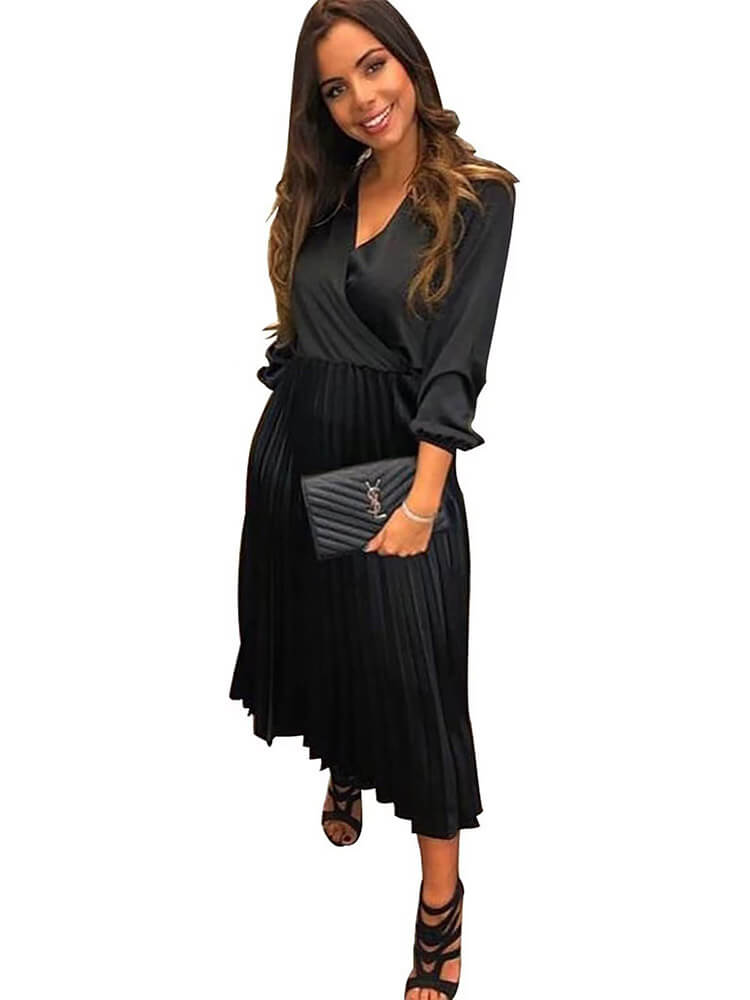 V Neck Long Sleeve Pleated Midi Dresses Tiynon