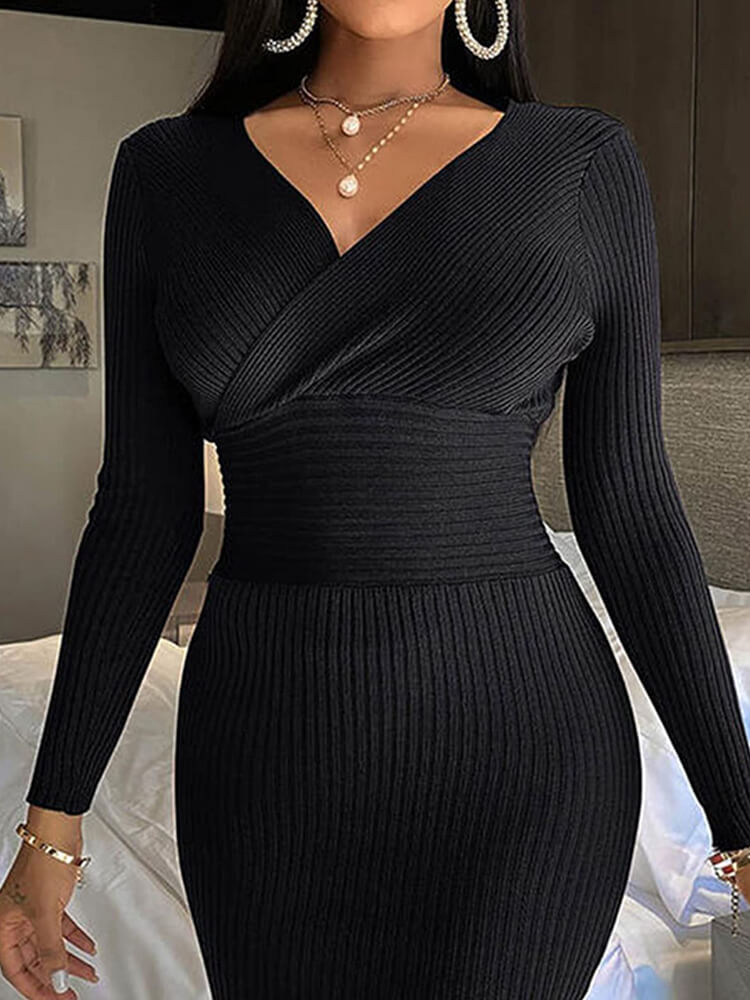 V Neck Long Sleeve Sweater Dresses Tiynon