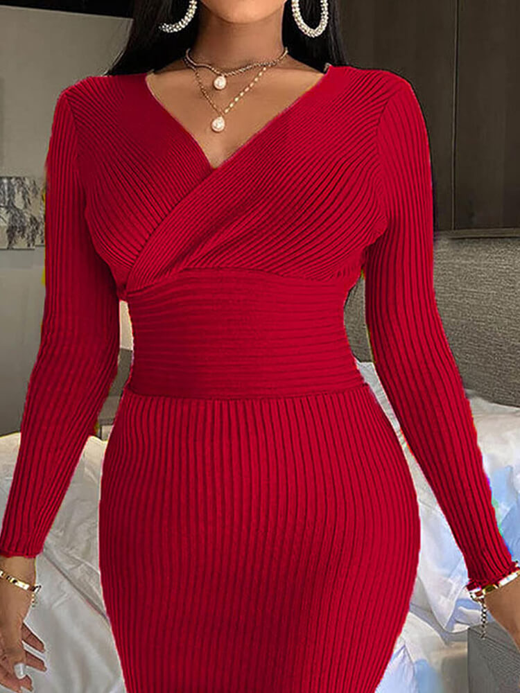 V Neck Long Sleeve Sweater Dresses Tiynon