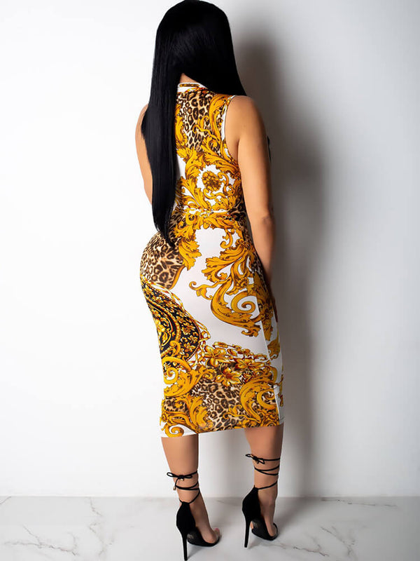 V Neck Printed Sleeveless Belted Midi Dresses Tiynon