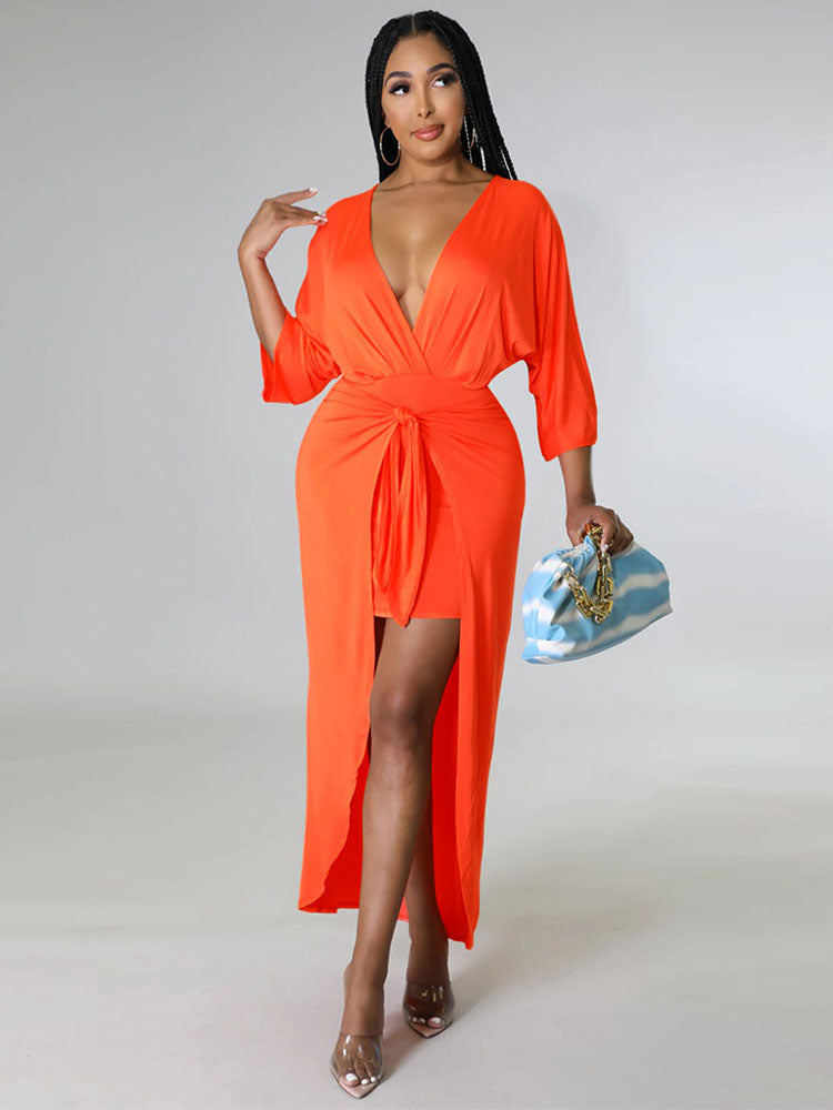 V Neck Ruched Bandage Maxi Dresses Tiynon