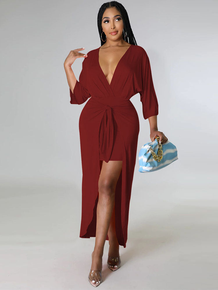 V Neck Ruched Bandage Maxi Dresses Tiynon