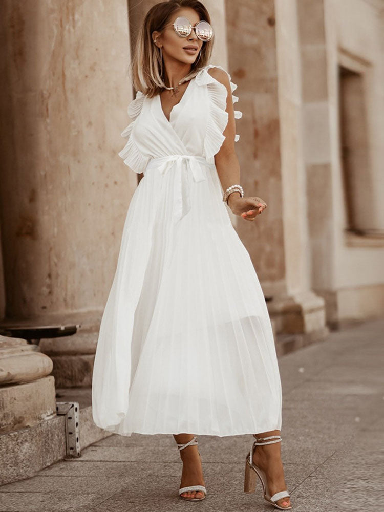 V Neck Ruffle Belted Pleated Maxi Dresses Tiynon