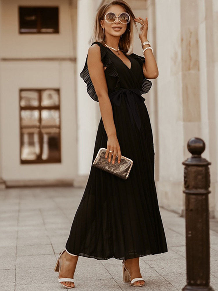 V Neck Ruffle Belted Pleated Maxi Dresses Tiynon