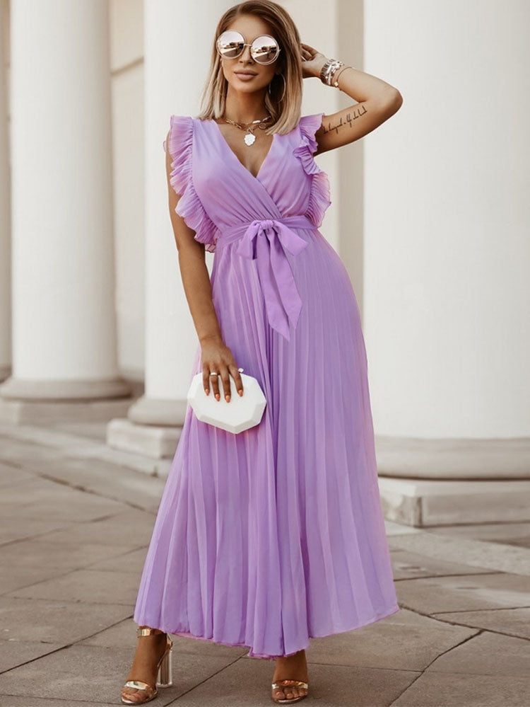 V Neck Ruffle Belted Pleated Maxi Dresses Tiynon