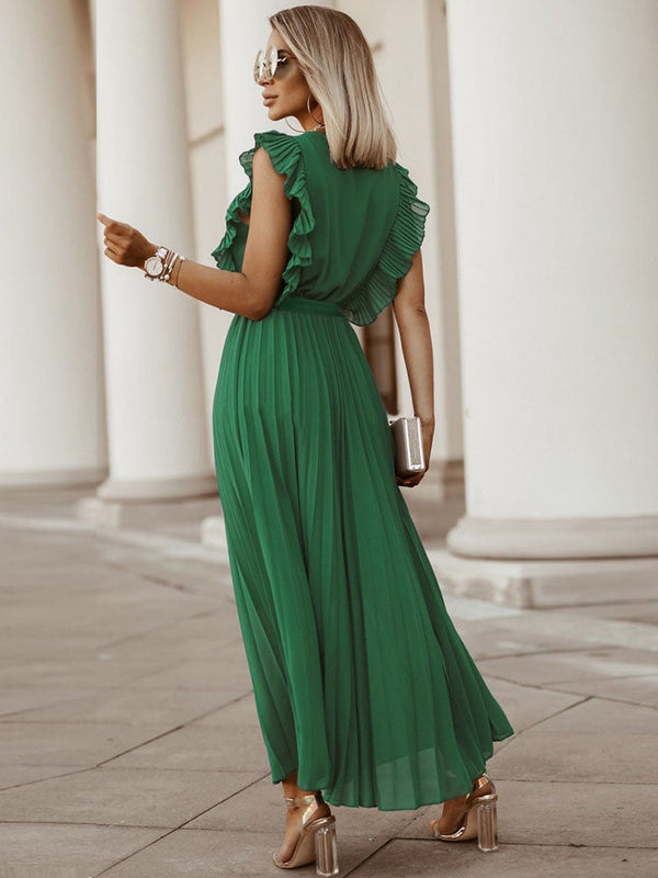 V Neck Ruffle Belted Pleated Maxi Dresses Tiynon