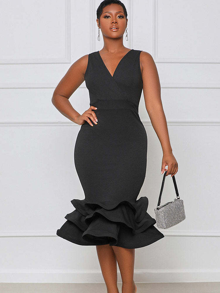 V Neck Ruffle Sleeveless Midi Dresses Tiynon