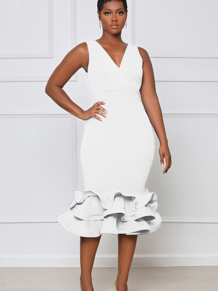 V Neck Ruffle Sleeveless Midi Dresses Tiynon