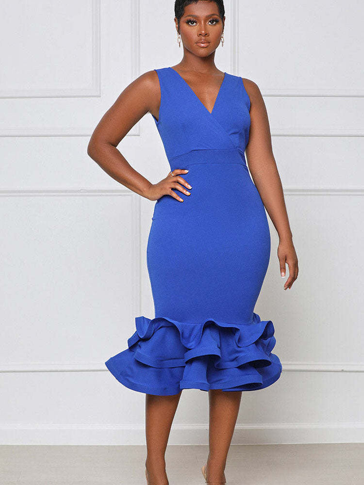 V Neck Ruffle Sleeveless Midi Dresses Tiynon