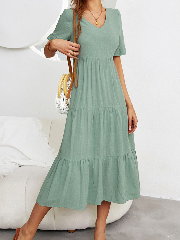 V Neck Ruffle Tiered Hem Midi Dresses Tiynon