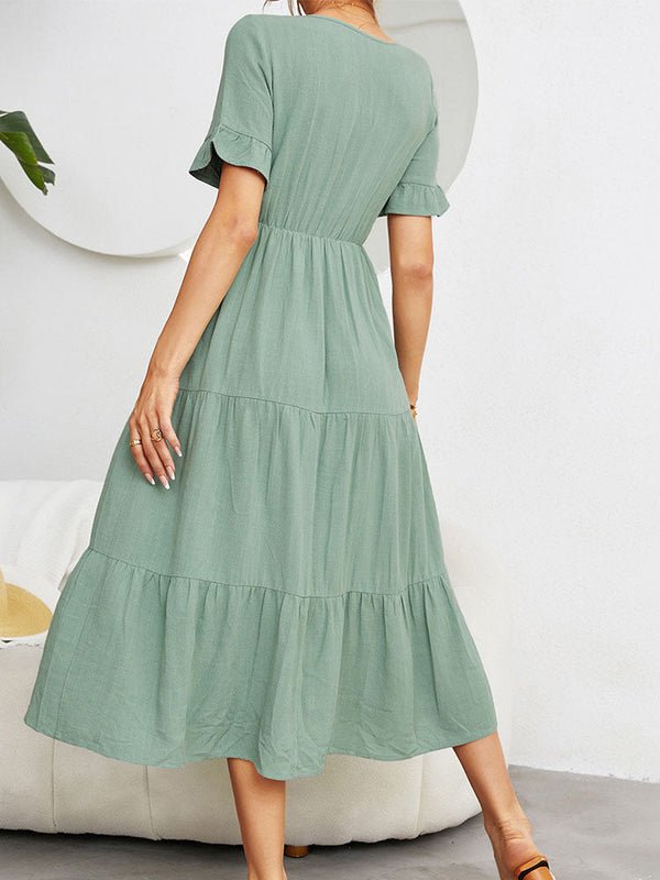 V Neck Ruffle Tiered Hem Midi Dresses Tiynon