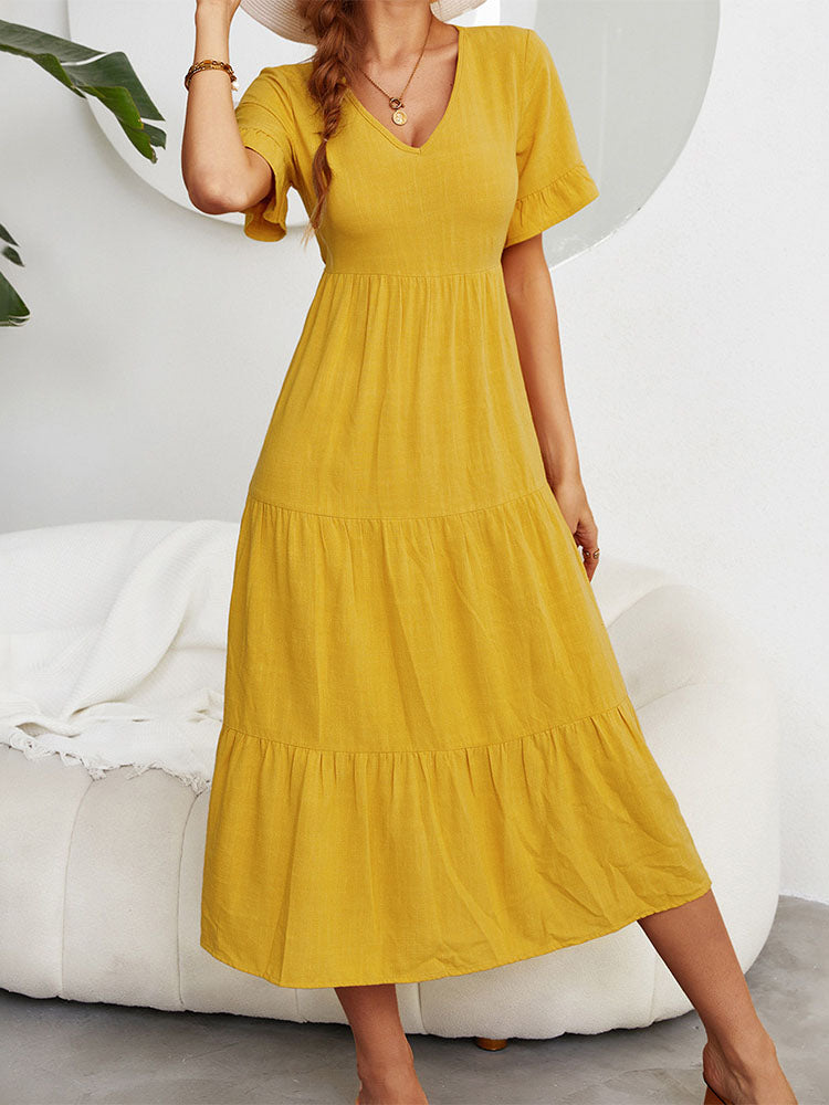 V Neck Ruffle Tiered Hem Midi Dresses Tiynon