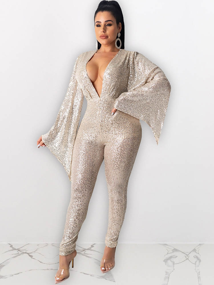 V Neck Sequin Bodycon Jumpsuits Tiynon