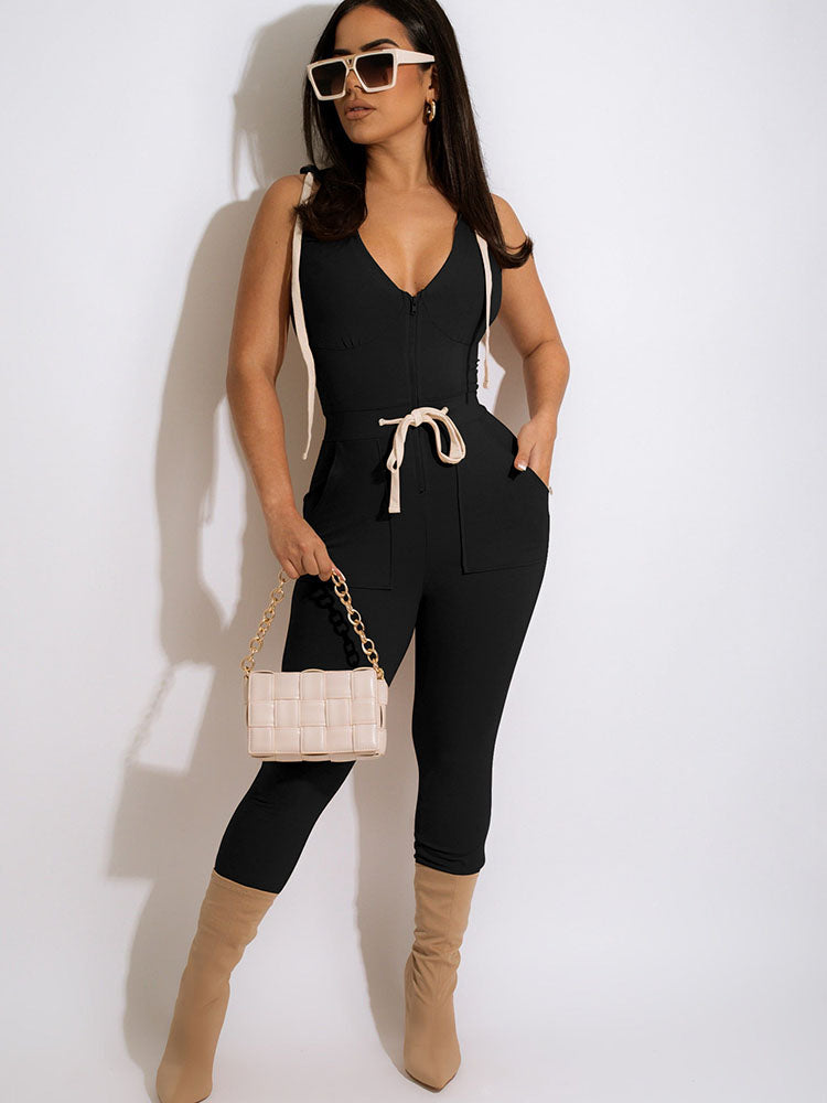 V Neck Sleeveless Hooded Backless Jumpsuits Tiynon