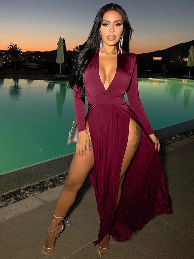 V Neck Solid Color Long Sleeve Slit Maxi Dresses Tiynon