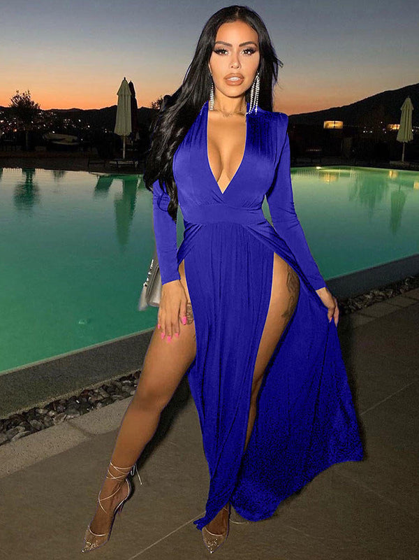 V Neck Solid Color Long Sleeve Slit Maxi Dresses Tiynon