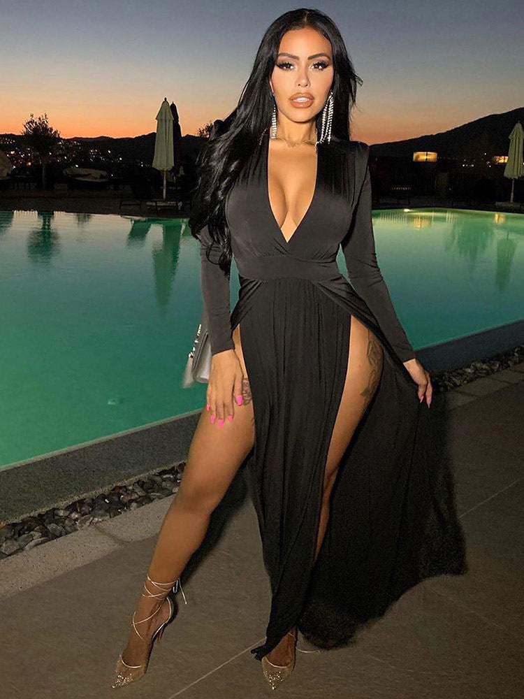 V Neck Solid Color Long Sleeve Slit Maxi Dresses Tiynon