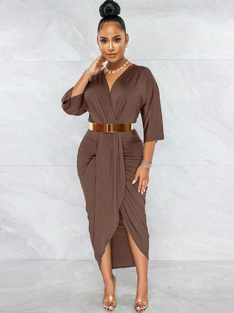 V Neck Split Ruched Midi Dresses Tiynon