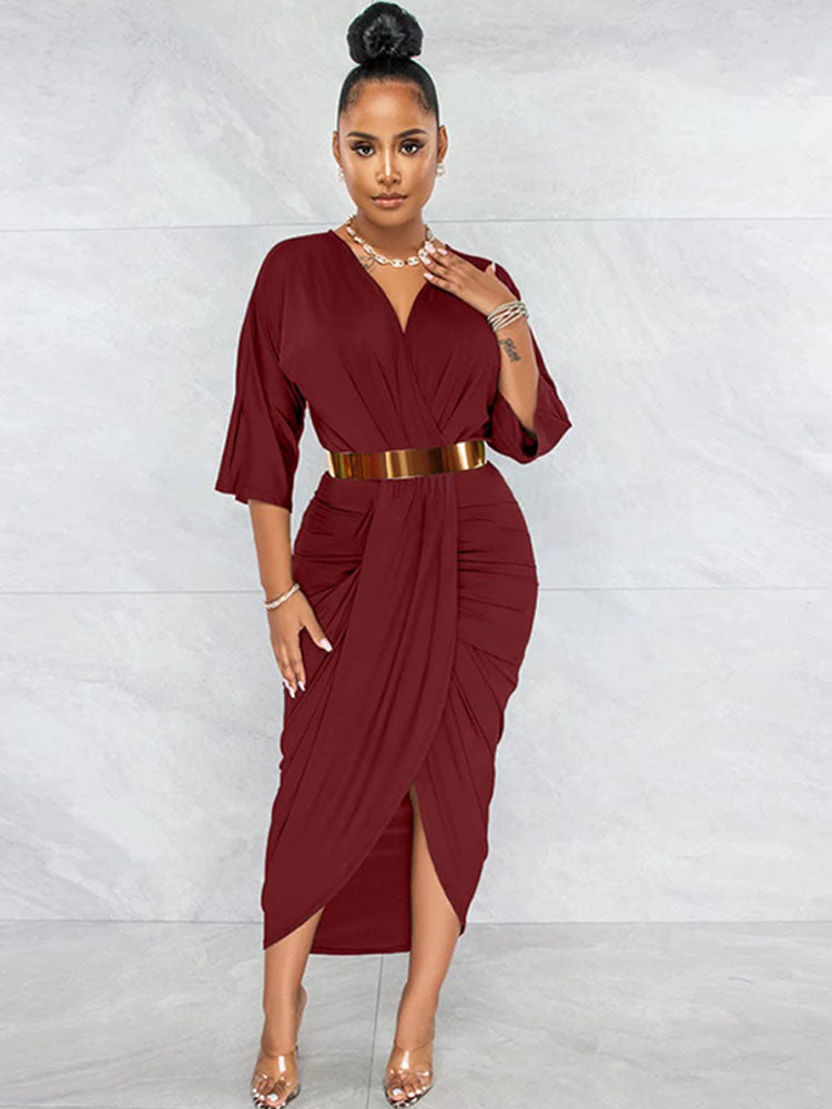 V Neck Split Ruched Midi Dresses Tiynon