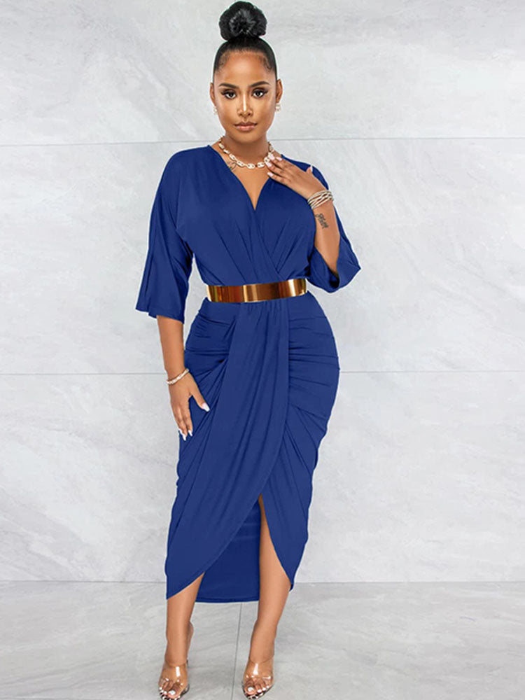 V Neck Split Ruched Midi Dresses Tiynon