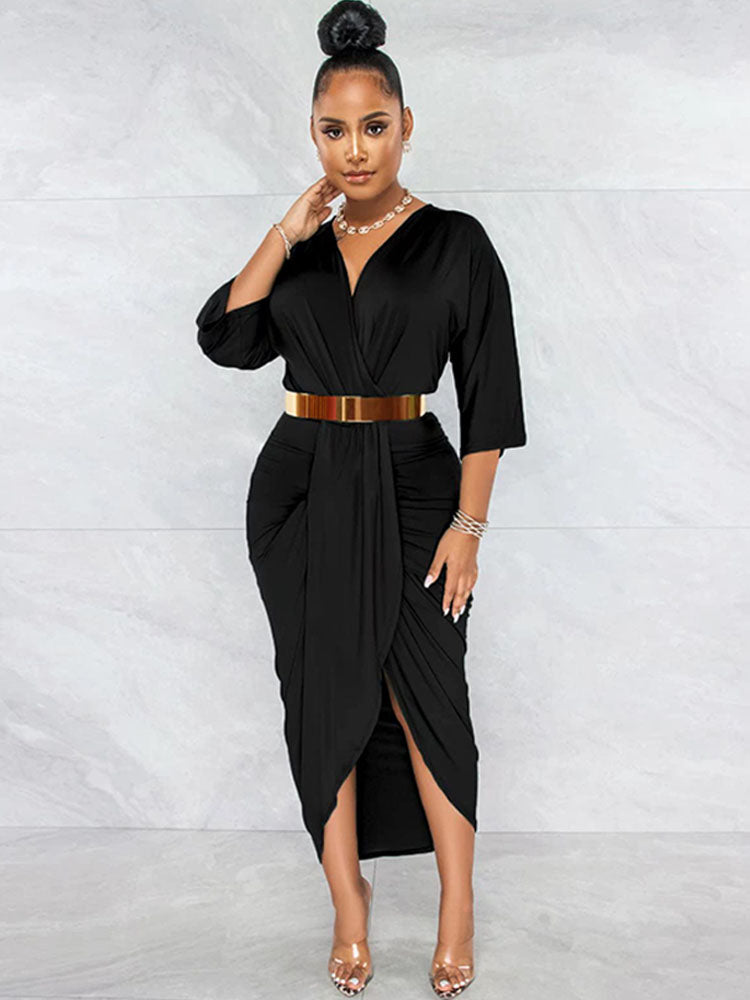 V Neck Split Ruched Midi Dresses Tiynon