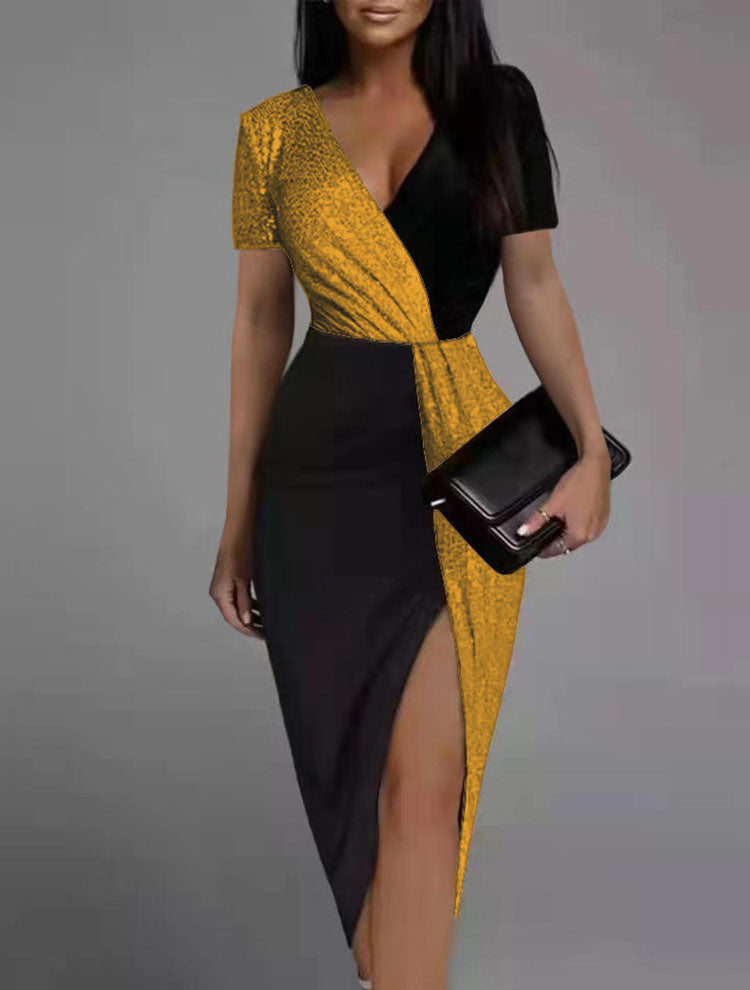 V Neck Wrap Slit Sparkly Midi Dresses Tiynon