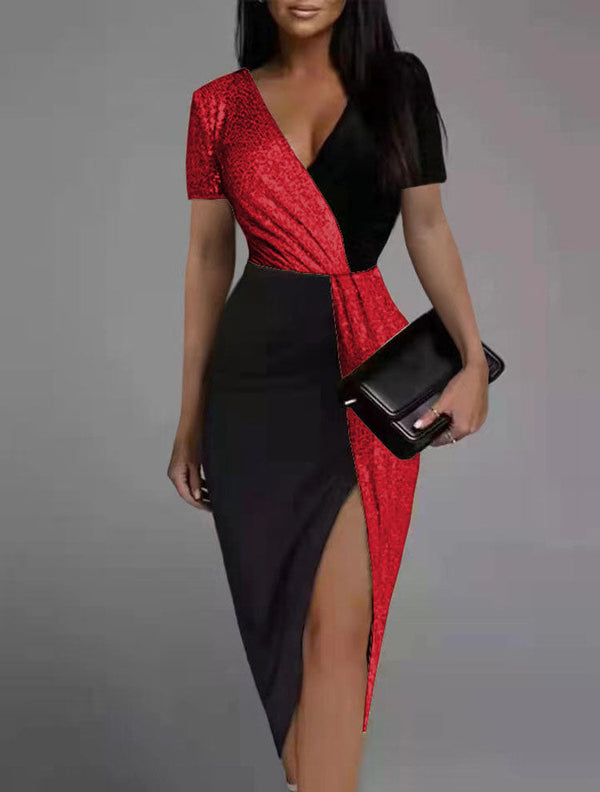 V Neck Wrap Slit Sparkly Midi Dresses Tiynon