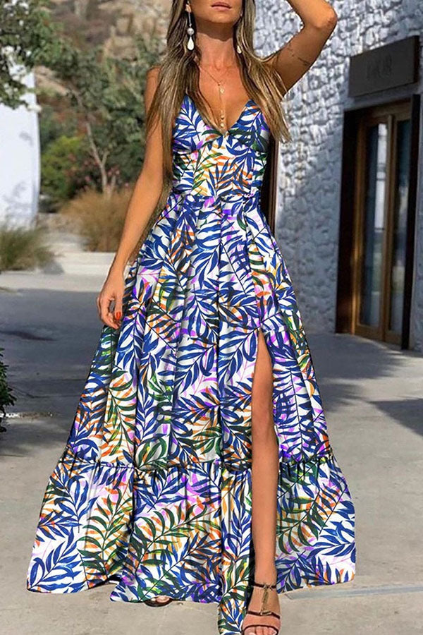 V-neck Leaves All Print Split Dress Tiynon