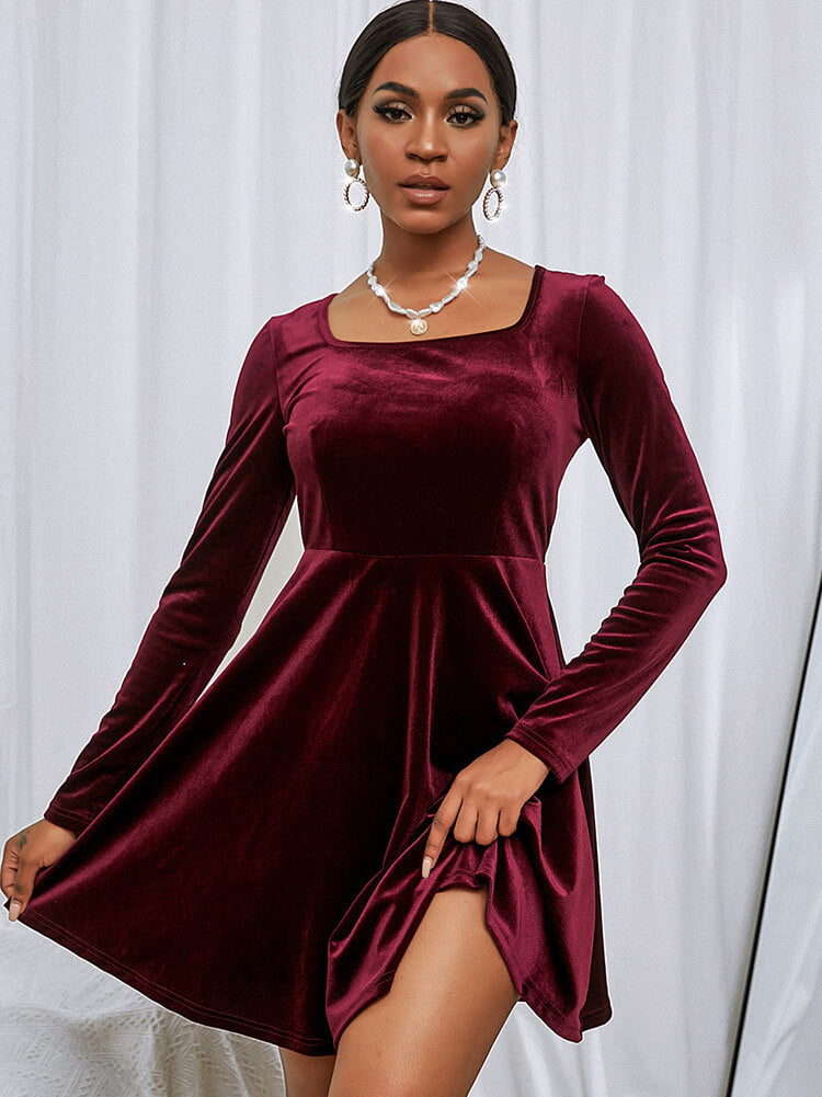 Velvet Long Sleeve Square Neck Flared Mini Dress Tiynon